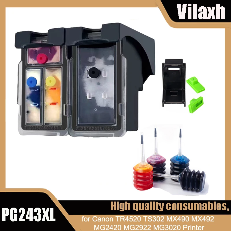 

Vilaxh PG243 243XL CL244 244XL ink Cartridges Refill Kit for Canon TR4520 TS302 MX490 MX492 MG2420 MG2922 MG3020 Printer