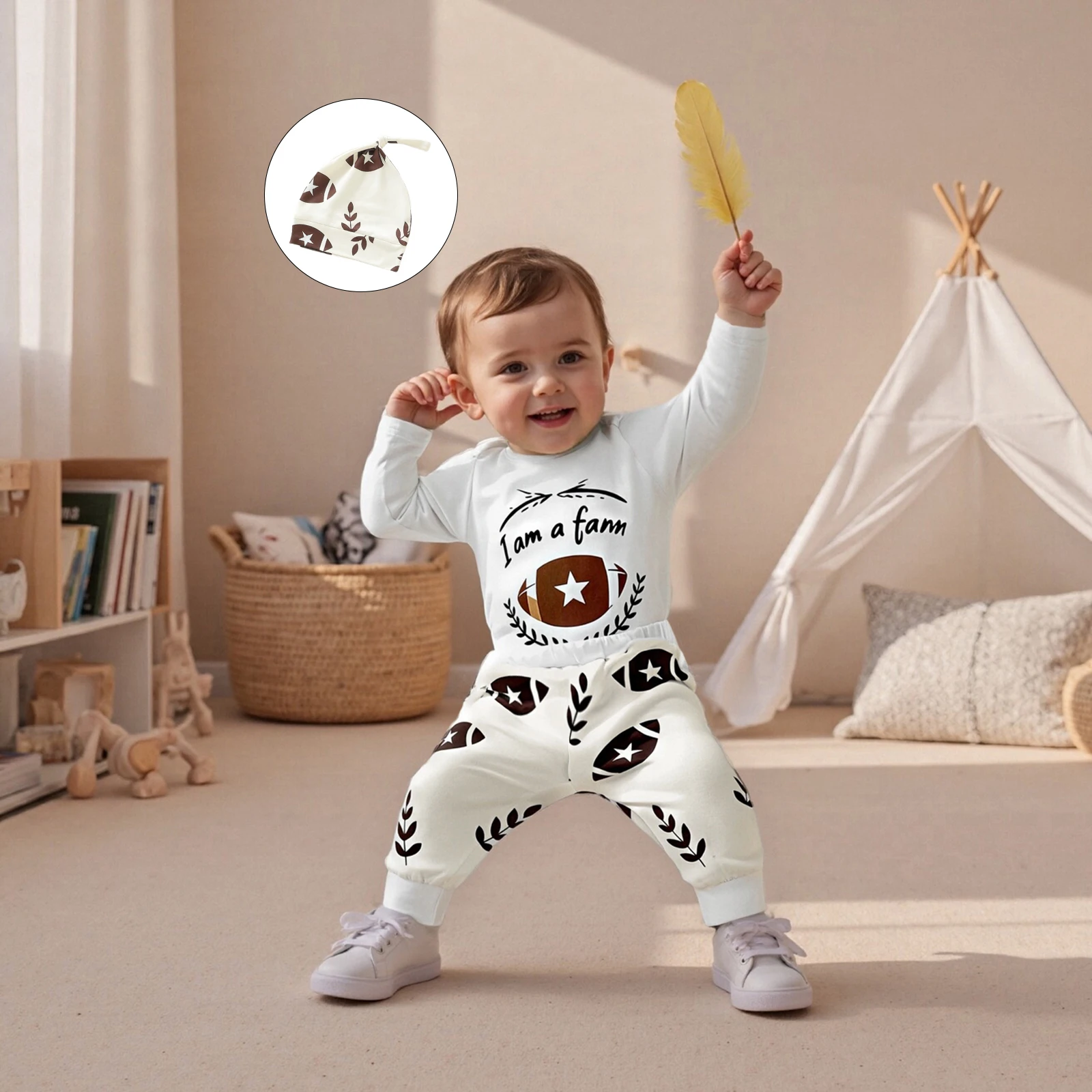 Baby Herbst Kleidung Brief Drucken Langarm Strampler Fußball Blatt Muster Lange Hosen und Hut 3 Stücke Outfit