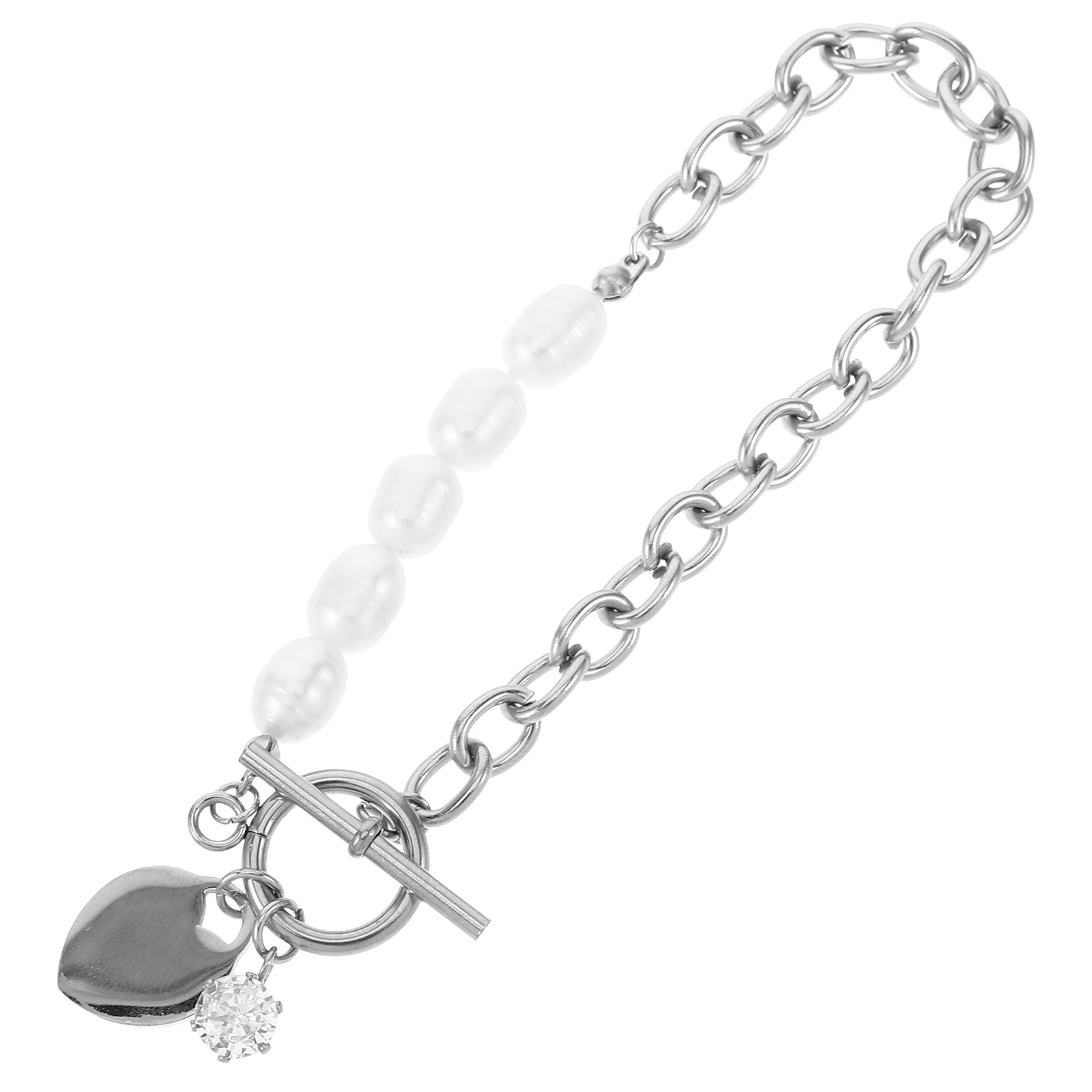 

Pearl Heart Bracelets for Women Stainless Steel Chain Durable Pearl Beads Secure Clasp Heart Wrist Chain Elegant