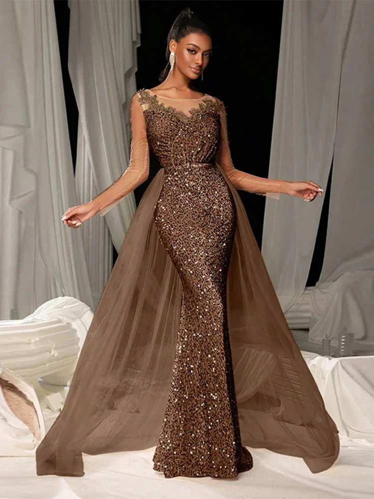 

Elegant Sequins Women's Party Dresses Retro Mesh Round Neck Full Sleeve Female Vestidos Hip Package Lady Evening Gown Summer
