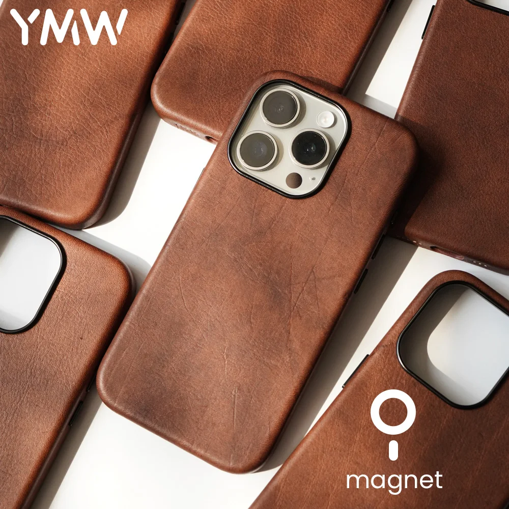 

YMW Raw Retro Genuine Leather Case for iPhone 15 14 Pro Max Magnetic Personality Cowhide Phone Cover