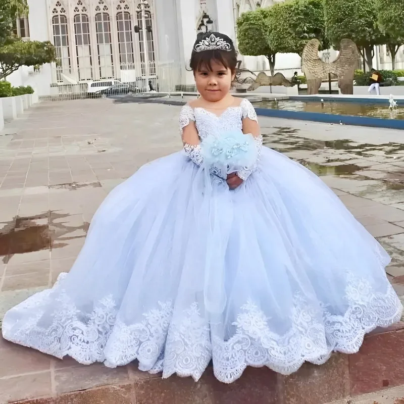 Vestido de encaje azul claro para niña de las flores, apliques hinchados, mangas largas, boda, cumpleaños, vacaciones, fiesta, primera comunión, encaje