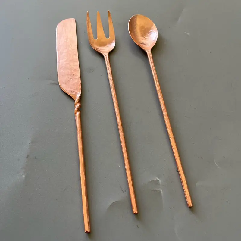 

Pure Copper Handmade Knife Fork Spoon Set Dinner Three-Piece Set Brass Retro Container Multi Use