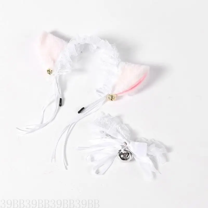 

39BB Furry Ears Headband Bells Choker Necklace for Women Girl Christmas Cosplay Halloween Cosplay Accessory