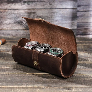 Three card slot watch box Retro crazy horse leather watch box creative round buckle leather storage box