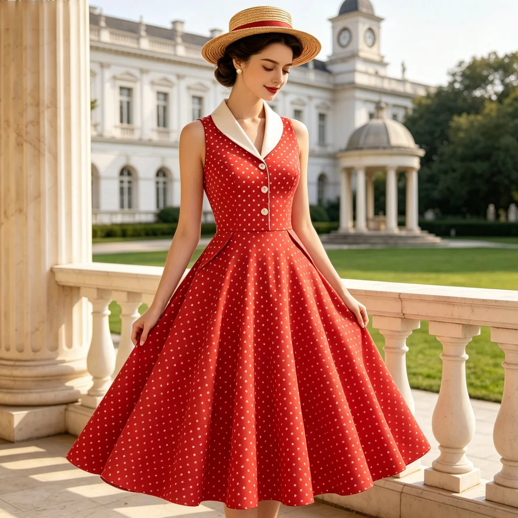 

Элегантное платье в стиле Одри Хепберн в горошек, красно-белое, без рукавов, летнее, с завышенной талией, расклешенное, ретро, в стиле 50-х, повседневное, для вечеринок, миди, 2026