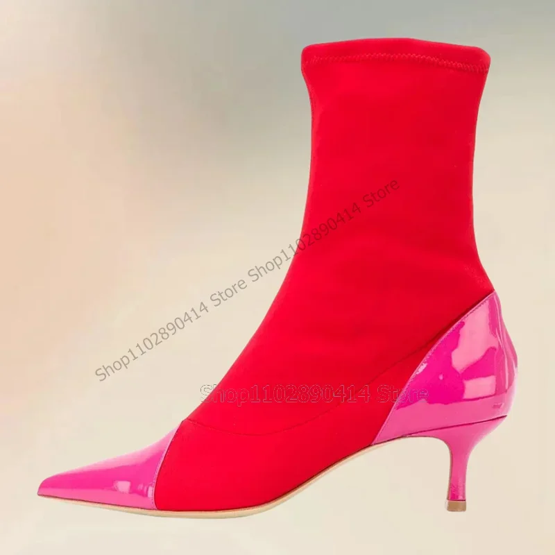 

Red Suede Rose Red Patent Leather Pointed Toe Boots Slip On Women Shoes Thin High Heels Fashion Party 2025 Zapatos Para Mujere