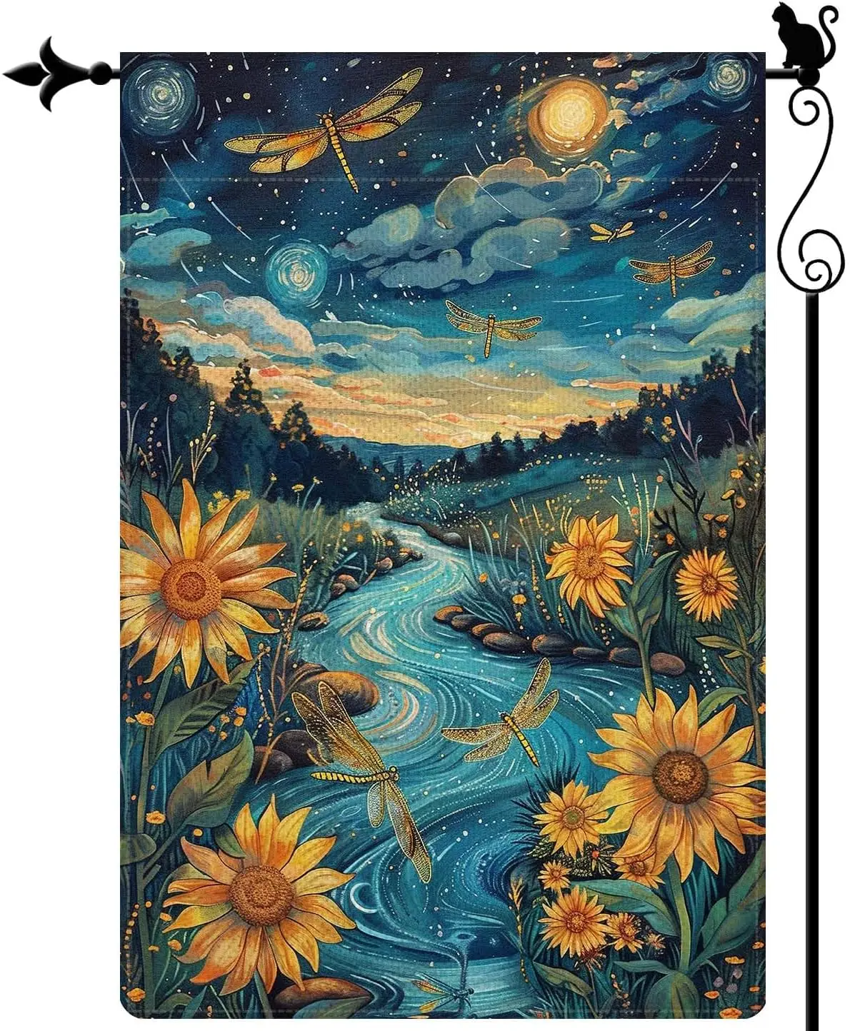 Gormcore Hand-Drawn Dragonflies over Meandering River, Starry Night Sky, and Sunflowers Spring Summer Garden Flag Vertical Doubl