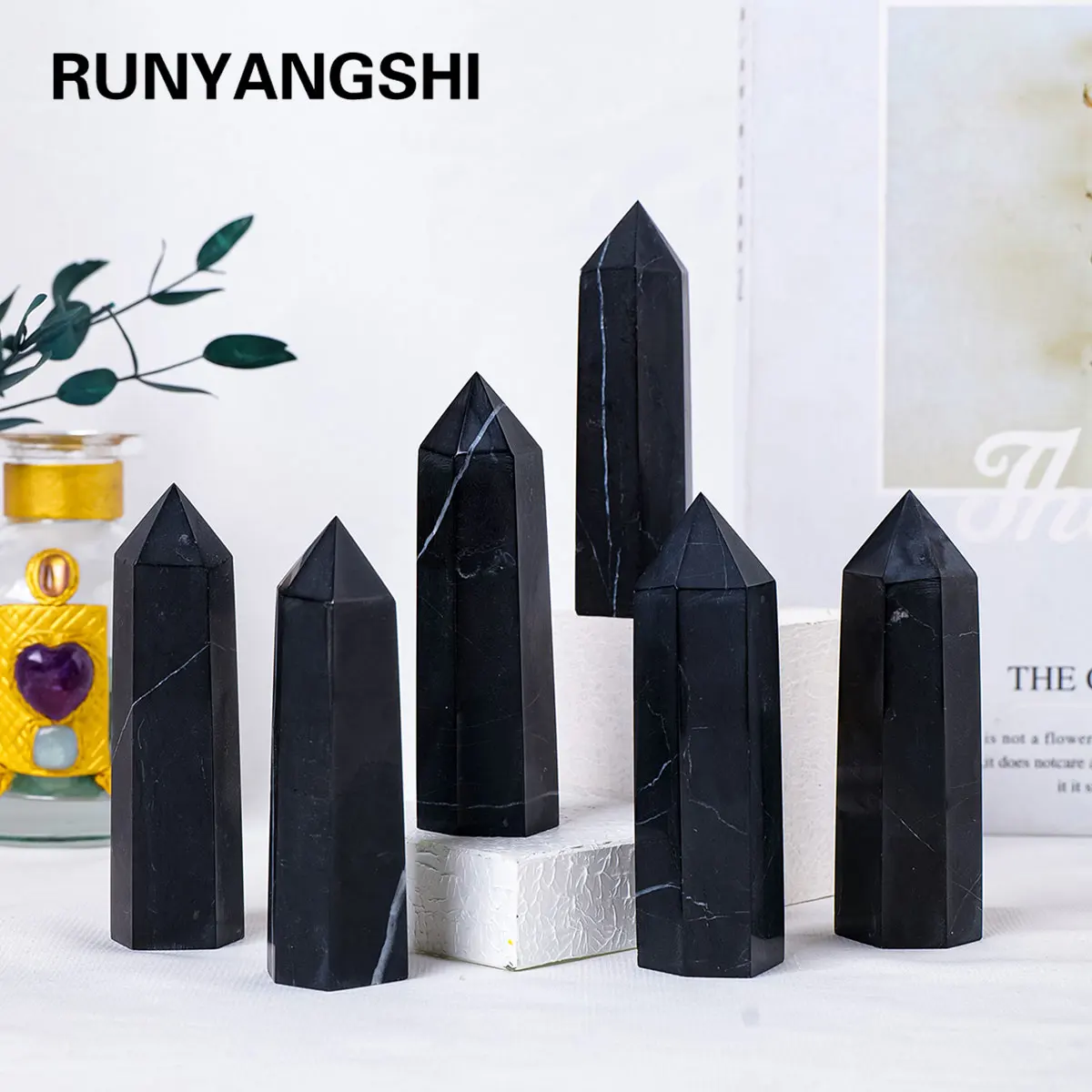 Varita de cristal de Shungita curativa Natural, piedras de prisma de cristal facetadas de un solo punto para meditación, Reiki, 1 ud.
