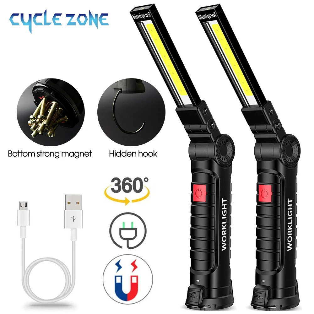 Rechargeable Camping LED Flashlight Work Light with Magnet and Hook COB Waterproof 5 Lighting Modes Suitable for Night Work