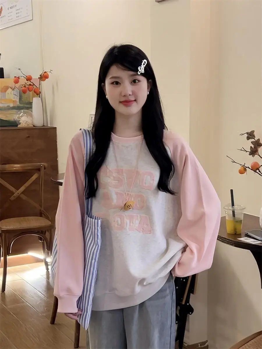 

Уникальный цветной свитшот с буквенным принтом, длинными рукавами и круглым вырезом, свободного кроя, женский, осенняя новинка, из полиэстера и хлопка.