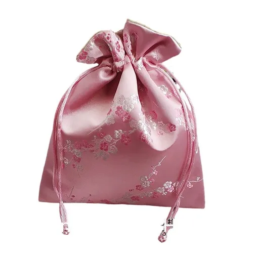 Embroidery Silk Satin Drawstring Gift Bags Chinese Large Brocade Pouch with Suede Lined High End Decorative Jewelry Storage