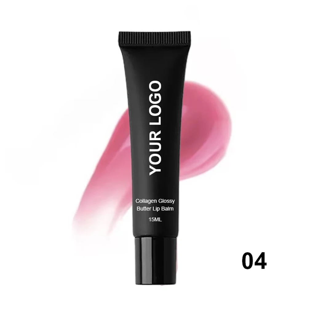 Bálsamo labial brilhante de colágeno de marca própria, 6ml, logotipo personalizado, 15g, tubo preto, batom, brilho labial, maquiagem, atacado, tampa branca vegana