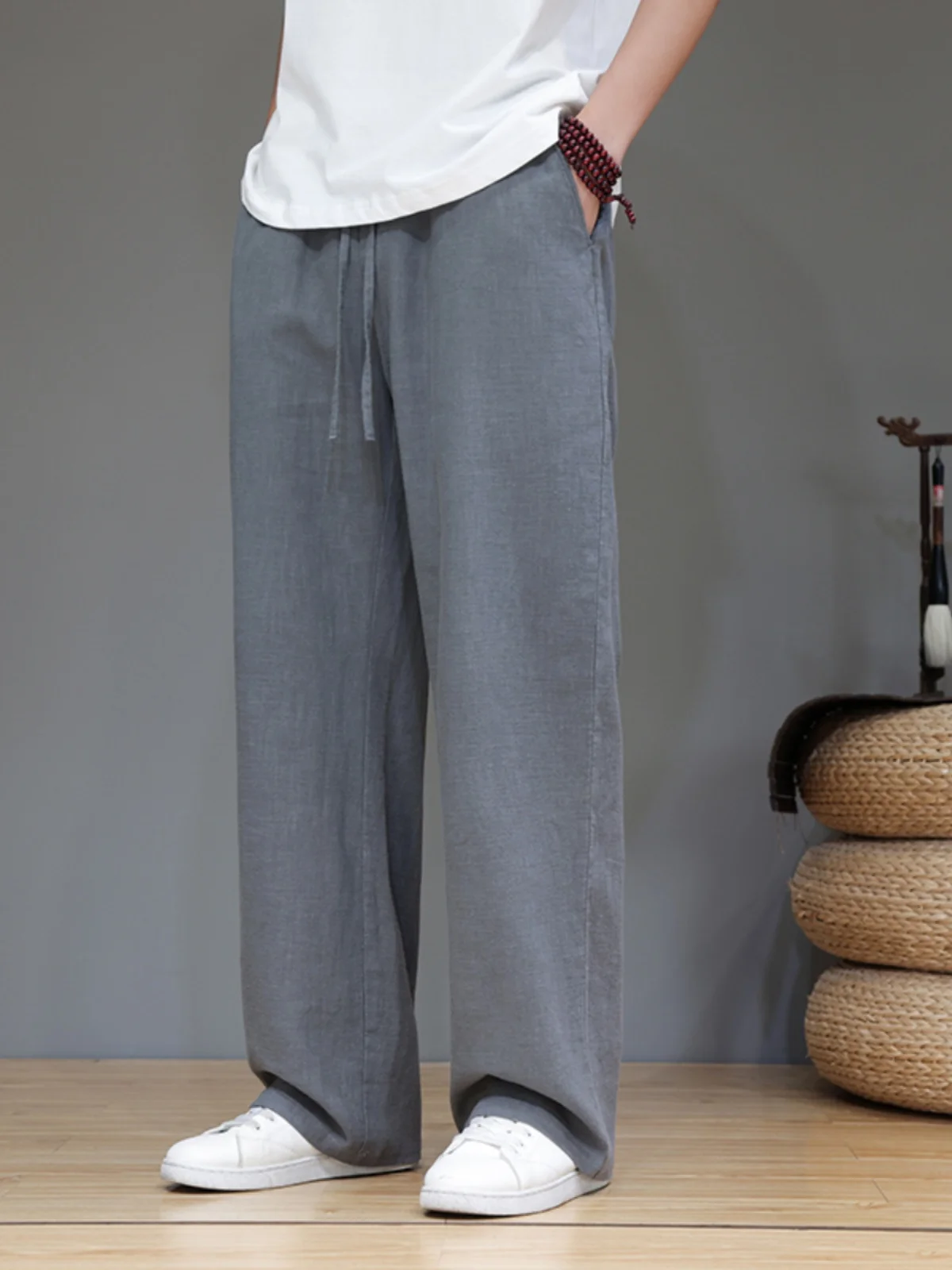 

Мужские летние повседневные свободные брюки из хлопка и льна в ретро-японском стиле, с высокой талией, прямые, не мнущиеся, модные