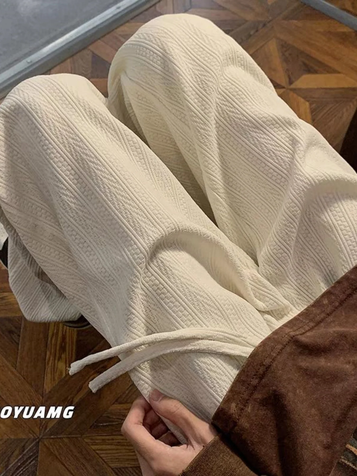 Pantaloni vintage a gamba larga in tinta unita da donna, nuovo stile autunno e inverno, foderati in pile, ispessiti, a vita alta, drappeggiati, casual, larghi, caldi, versatili, rilassati