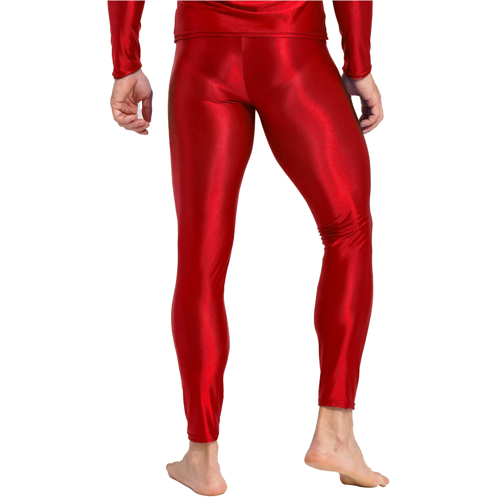 Men\'s Glossy Oil Tights Long Pants Skinny Leg Trousers Underwear Solid Color Leggings for Exercise Running Gym Fitness Workout