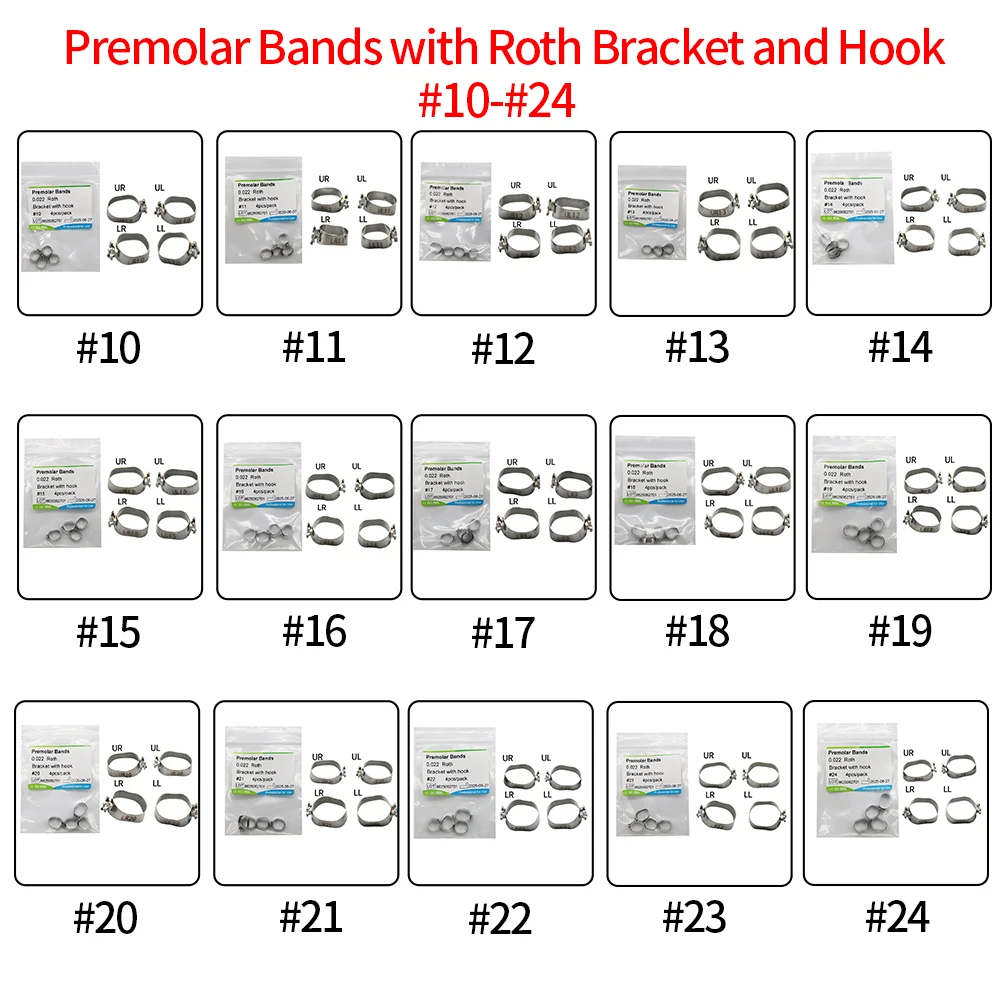 

4 Pcs/Pack Roth Molar Band 0.022 Premolar Bands with Roth Bracket and Hook #10-#24