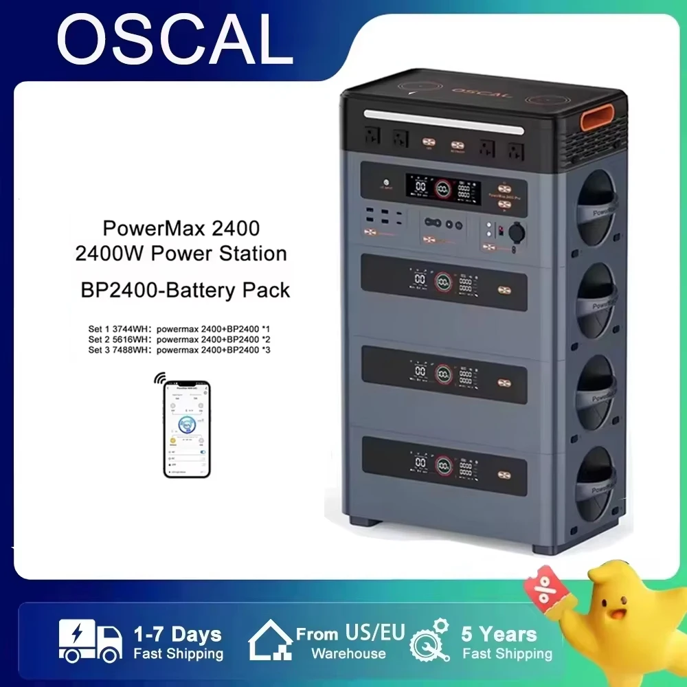 

OSCAL Portable Power Station powermax2400 and BP2400 External Battery(Select quantity）2400W AC Outlets 3744WH-7488WH LFP Battery