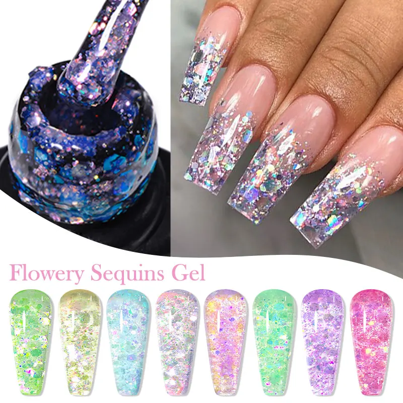 7ml Flowery Glitter Sequins Gel Nail Polish Shiny Sparkling Glitter Semi Permanant Varnish Soak Off All For Manicure Nails Art