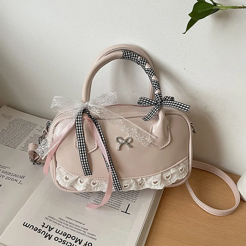 Frühling Neue Damenhandtasche Niedlicher Ballett-Stil Einzel-Schultertasche Herzförmige Spitzen-Umhängetasche Süßer Stil Kawaii Rosa Handtasche
