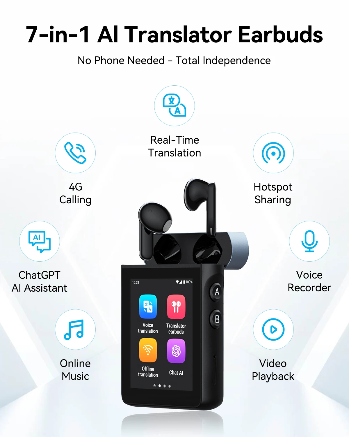 Wooask A9 4G Standalone AI Translator Earbuds with Screen,Real-Time 144 Languages & 16 Offline, ChatGPT, Hotspot, Stream Music