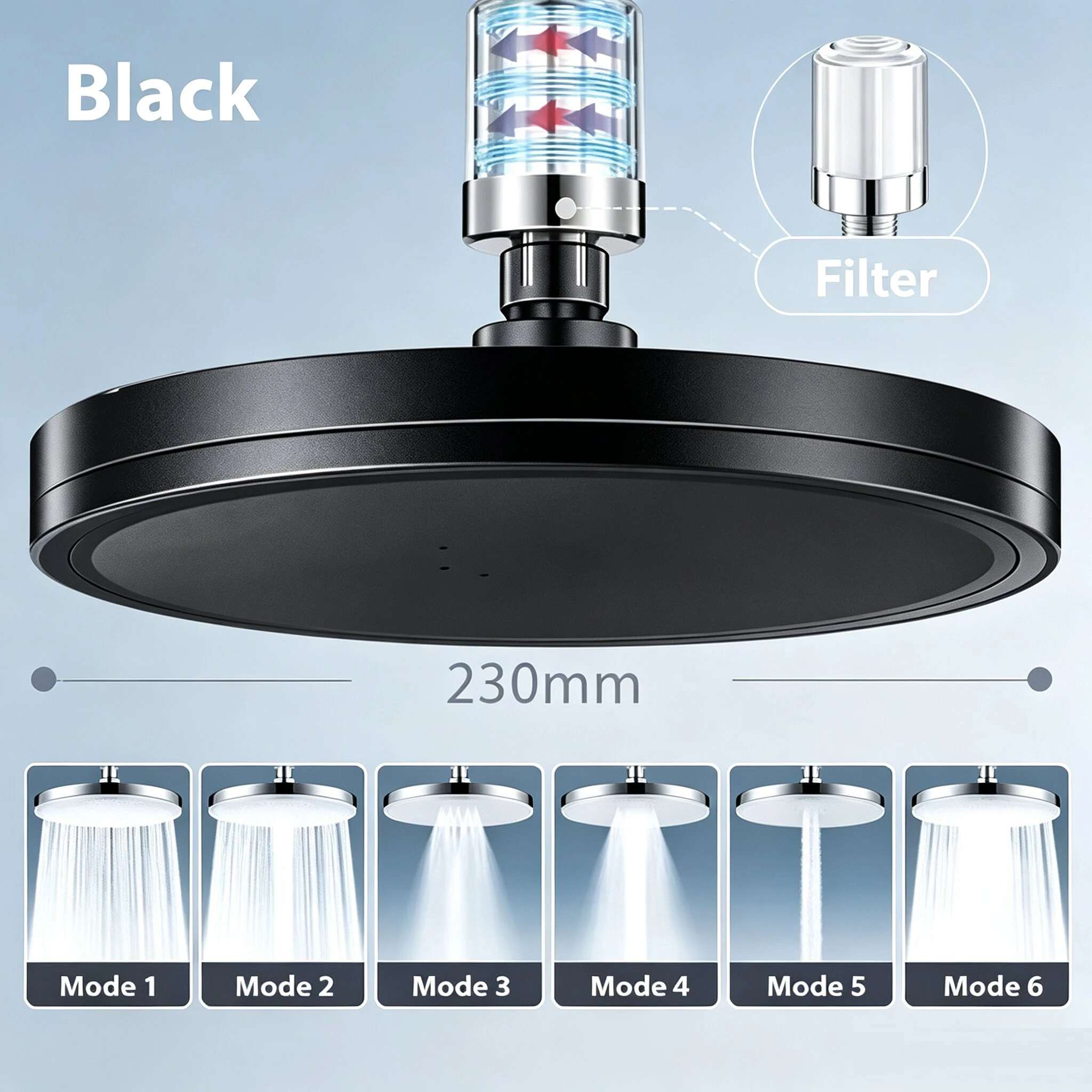 6 Modes Adjustable Filter Purified Water Bathroom Shower Head 23CM Pressure Boosting Showerhead High Pressure Large Flow Sprayer