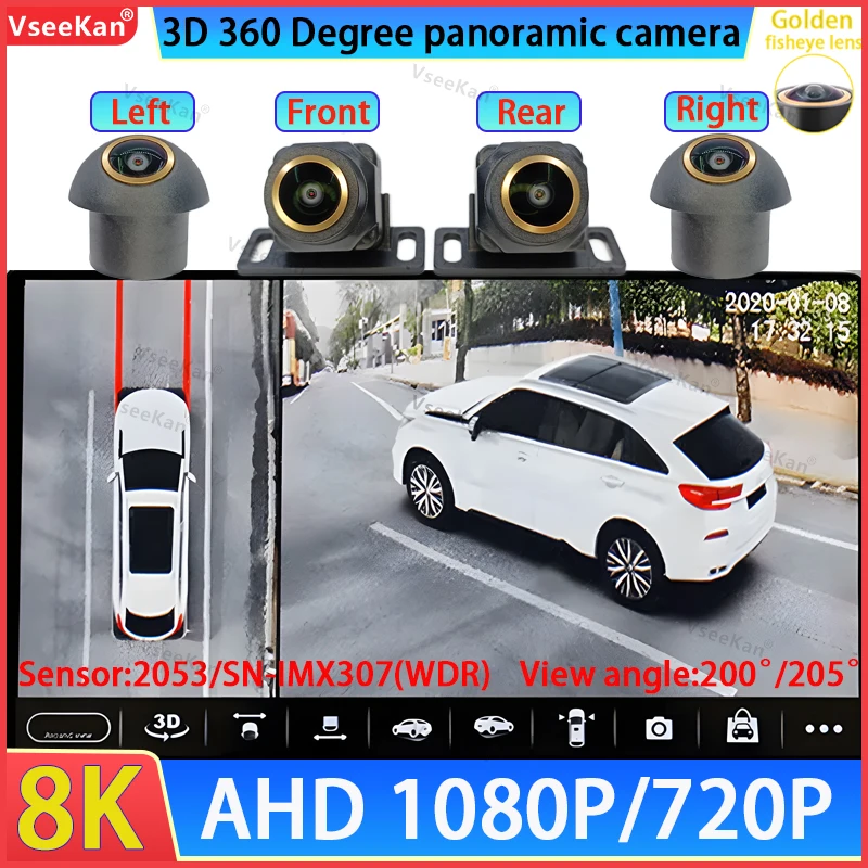 

HD 360 Degree Car Camera 1080P 8K 3D AHD Surround View Right+Left+Front+Rear Camera For Android Navigation Reverse Golden lens