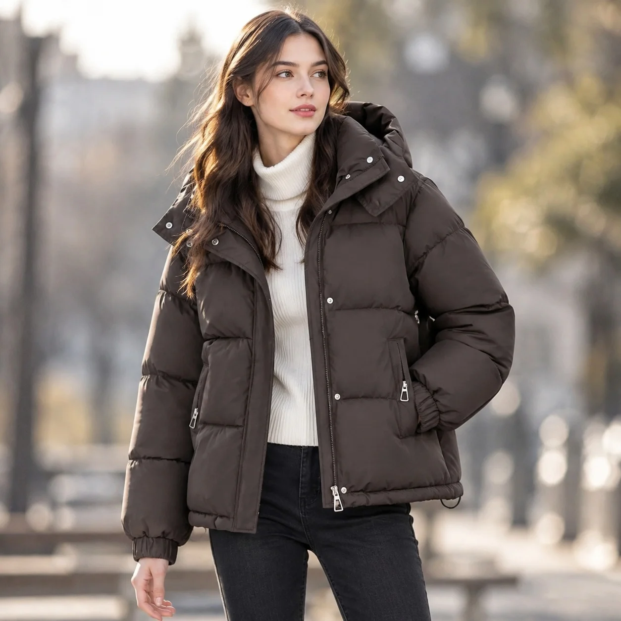 Hooded Loose Fit Hat with Long Sleeves Zipper Front Pockets Thick Winter Coat Professional Elegance Regular Length for Women