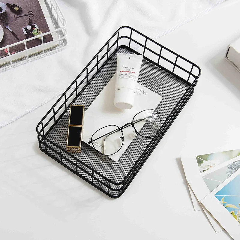 Iron Black Rectangle Metal Storage Basket Office Sundries Finishing Baskets Dressing Table Cosmetics Organizer Makeup Box