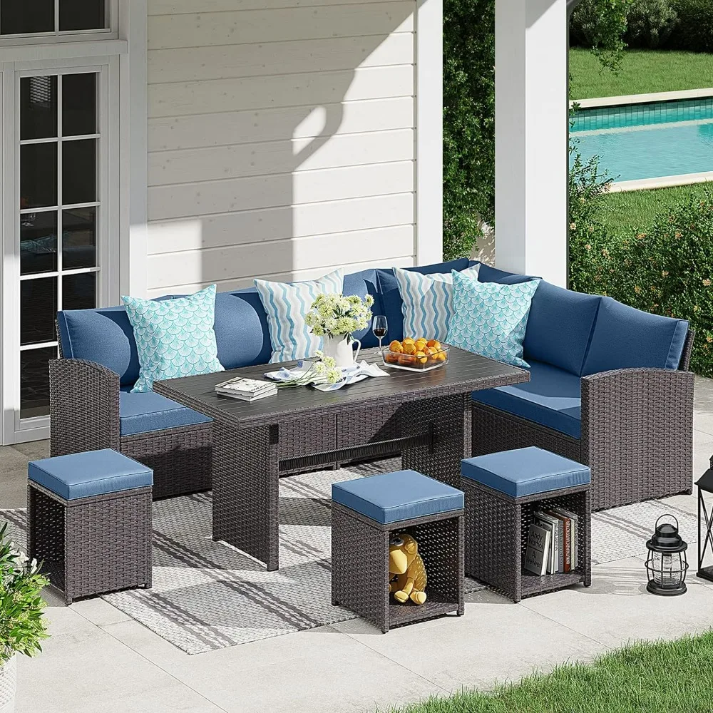 

7 Piece Patio Dining Sofa Set, Outdoor Sectional Sofa Conversation Set With Ottoman, Wicker Rattan Couch Dining Table & Chair