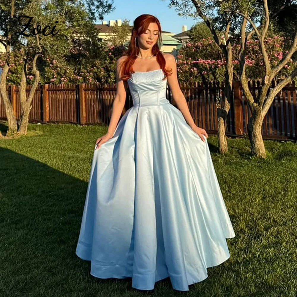 

Zoci Sky Blue Satin Customized Prom Dresses Strapless Women Evening Gowns Beaded Formal Occasion Party Birthday Dress 2025