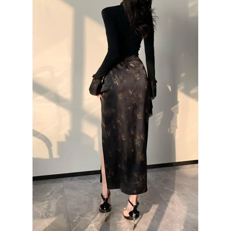 

Новая женская юбка А-силуэта с высокой талией, цветочным принтом, асимметричным подолом и разрезом, стройнящая, осенне-зимняя, в китайском стиле