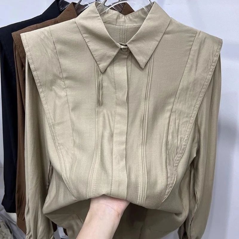 

European POLO Collar Temperament Long-sleeved Shirt for Women Autumn New Fashion Style Slimming Age Reduction Khaki Top