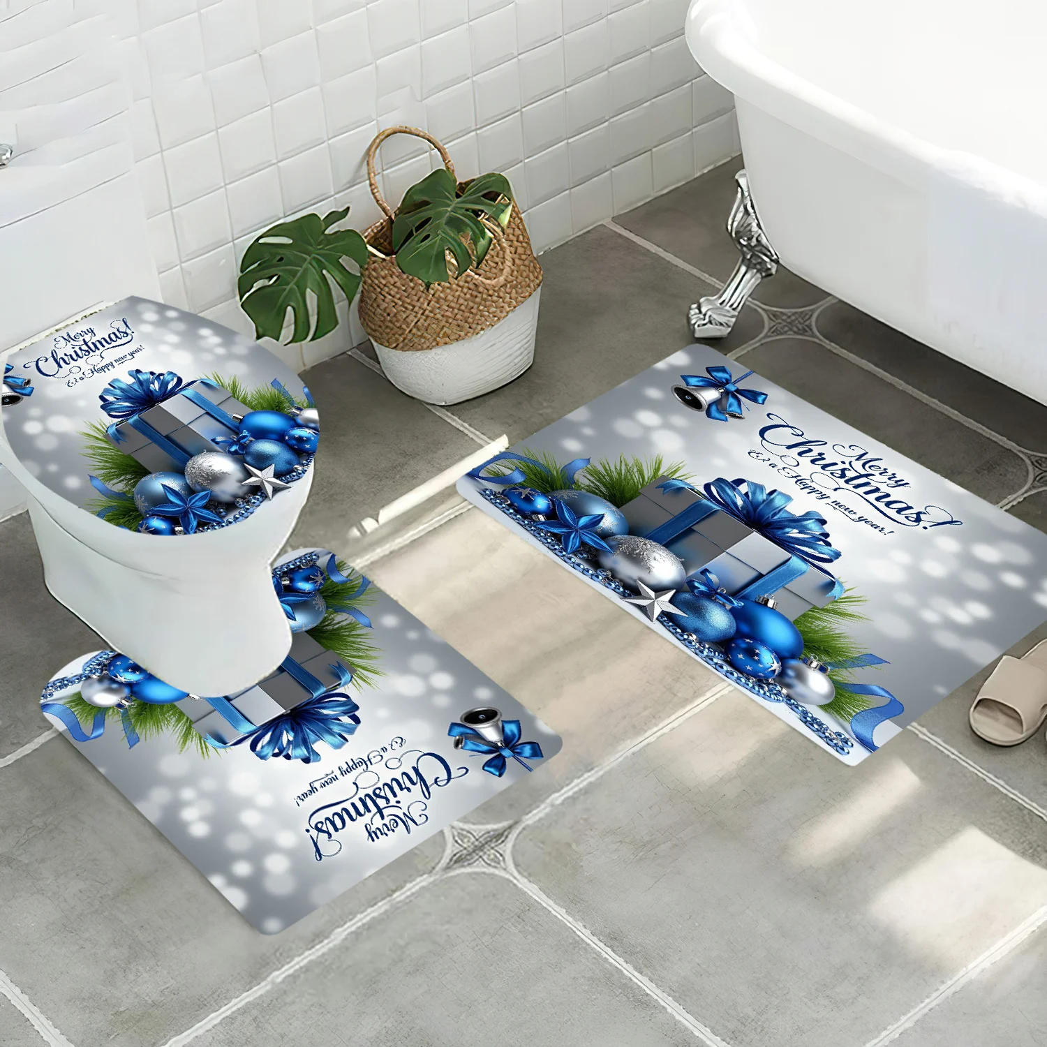

3pcs ​​Festive Christmas Gift Bath Mat Set - Non-Slip Holiday Rug & Lid Cover for Merry Bathroom Decor & Seasonal Cheer​