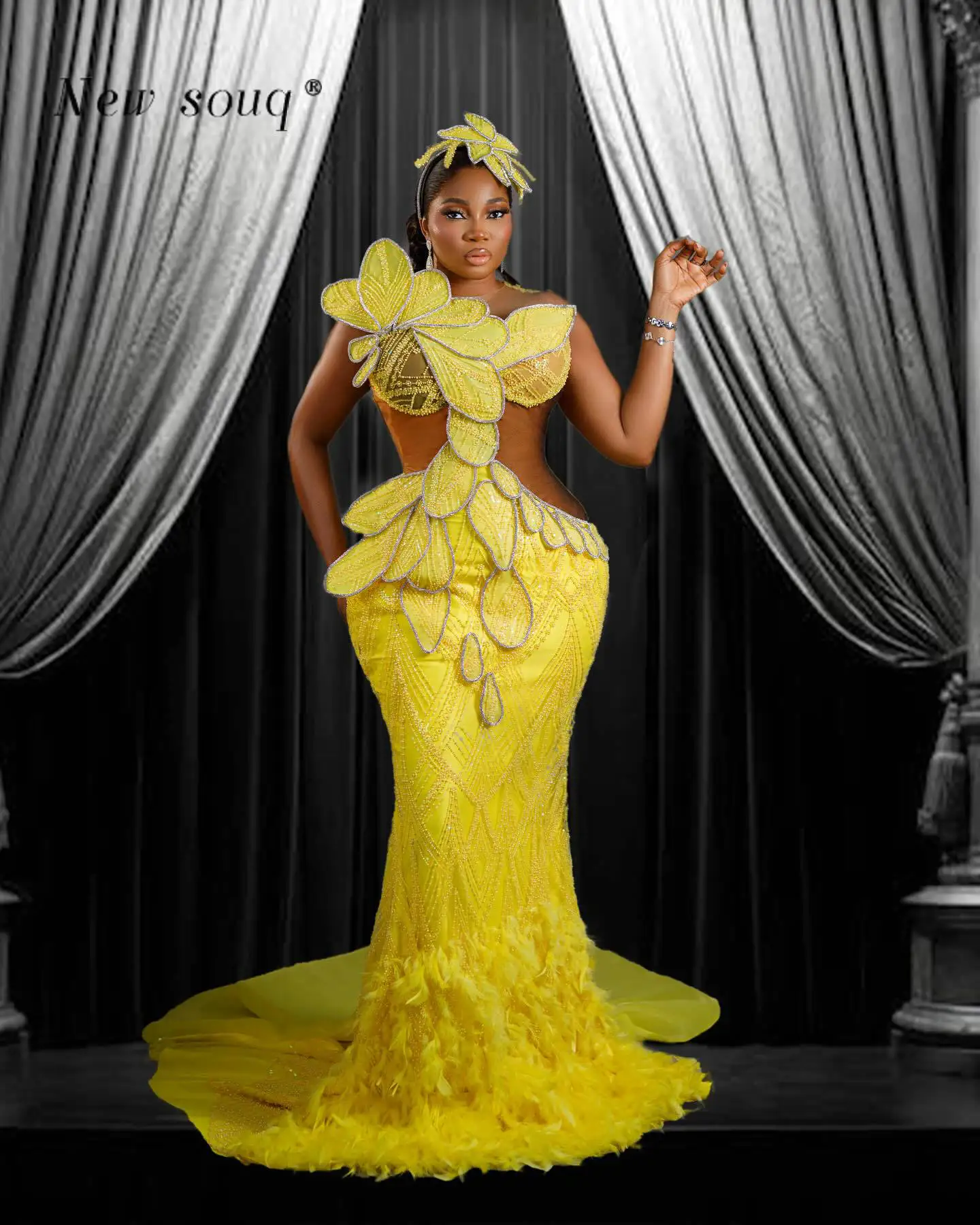 

Aso Ebi Yellow Feathers Evening Dresses Sexy Cut Out Sheer Beaded Sequins Abendkleider Birthday Second Reception Party Gowns