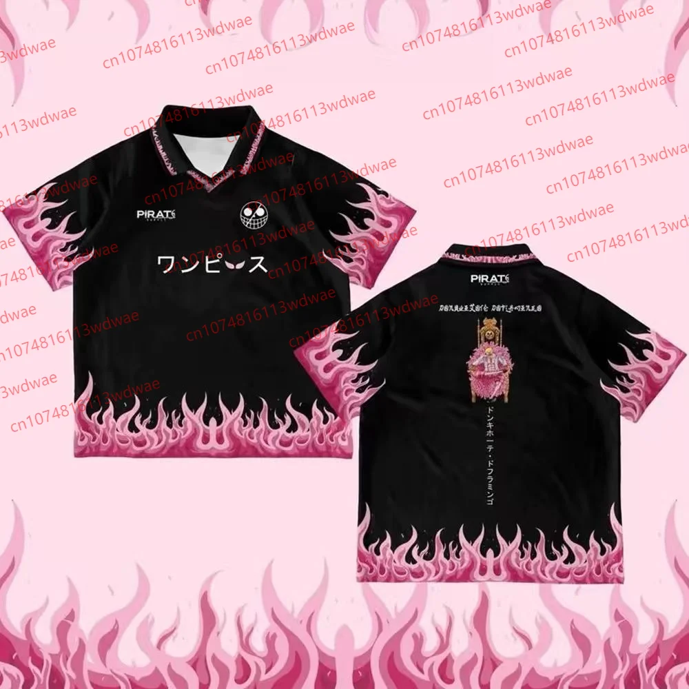 

Japanese Anime One Piece Doflamingo Short Sleeve Polo Shirt Unisex Flame Top Summer Loose Lapel Sport T-Shirt Kid Cosplay Tee