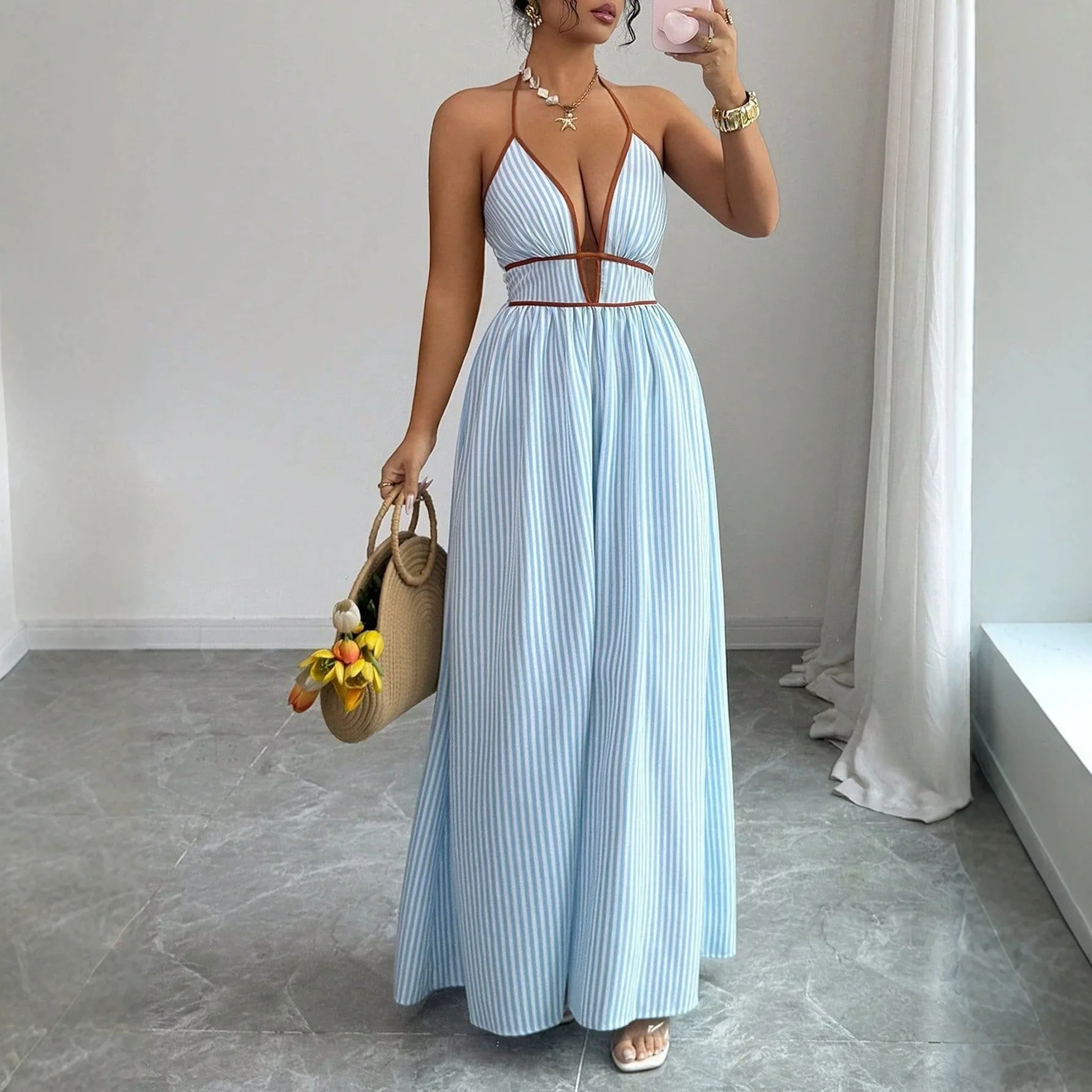 

Summer 2026 New Deep V-Neck Striped Holiday Dress Halter Sleeveless Neck Long Dress