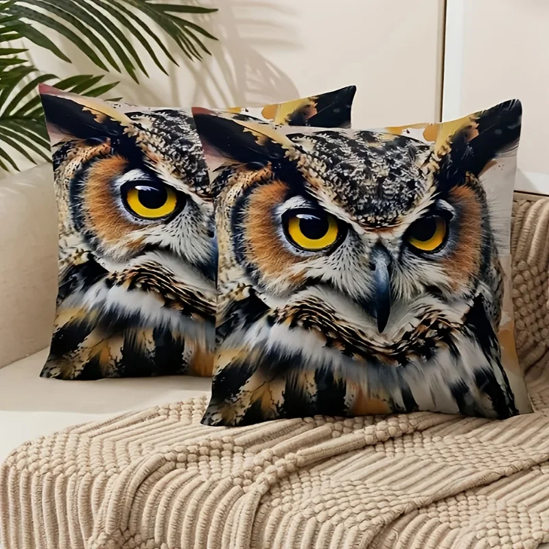 2pcs Owl Throw Pillow Covers, Single-Sided Printed Zippered Cushion Cases with Vibrant Yellow Eyes & Intricate Feather Design