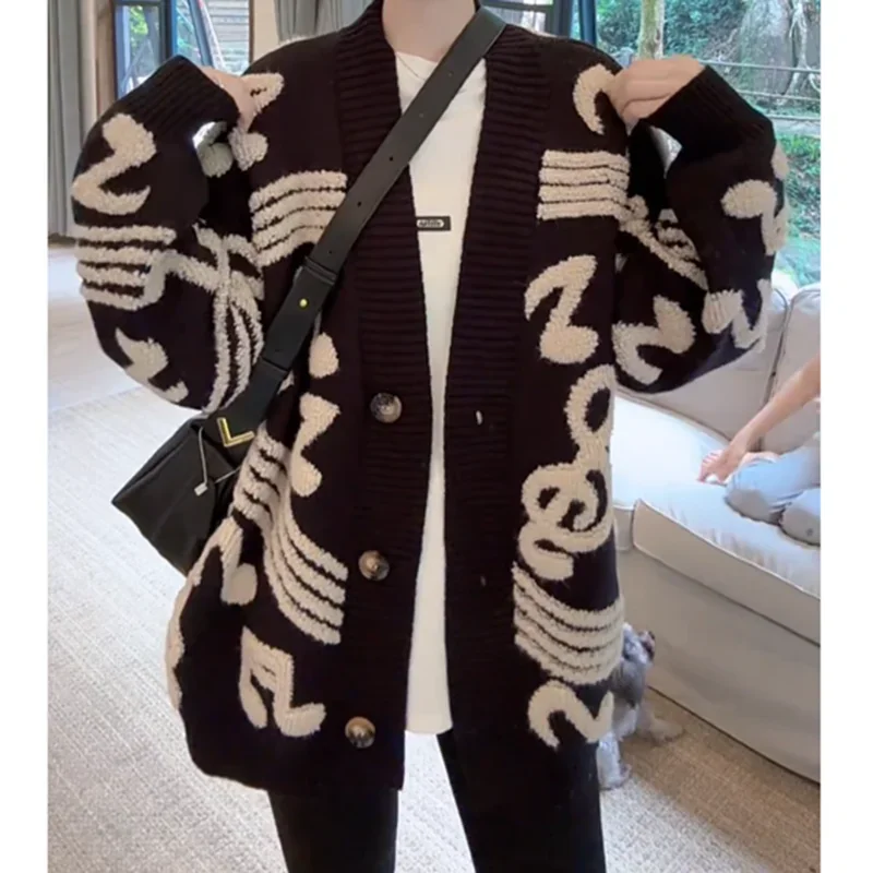 

Autumn and winter new note pattern sweater coat female plus size loose high-grade soft waxy long knit cardigan Joker top