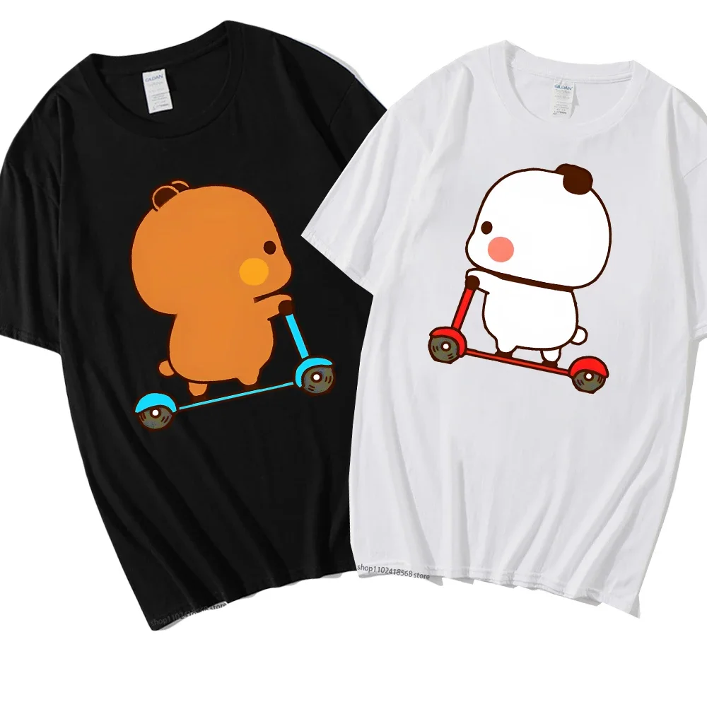 

Cute Couple Shirt Cute Bubu and Dudu Are Playing Scooter Together Graphic T-Shirts Men's Clothes Panda Bear Tees 100% Cotton Top