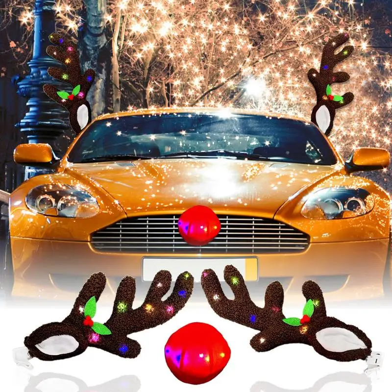 Creative LED Reindeer Car Kit Car Christmas Reindeer Antler Decorations Cute Car Reindeer Antlers & Nose Kit For Christmas Gifts