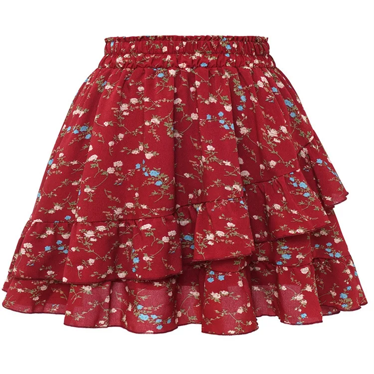 Women Floral Print Tiered Ruffle Mini Skirt Elastic High Waist Layered A Line Swing Short Skirt Summer Beach Casual Flowy Skort
