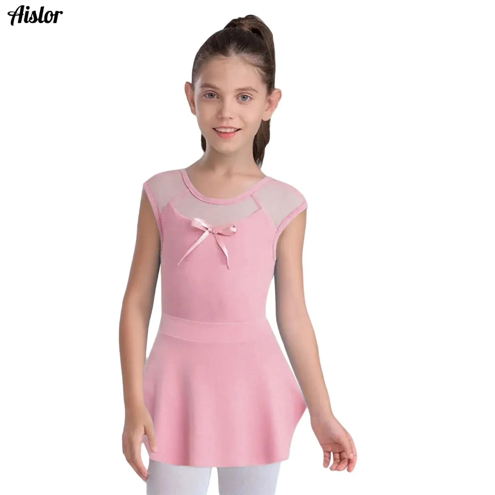 

Kids Girls Ballet Dance Outfit Round Neck Sleeveless Knot Cutout Back Sheer Mesh Patchwork Bow Leotard+Sides Slit Skirt 2Pcs/Set