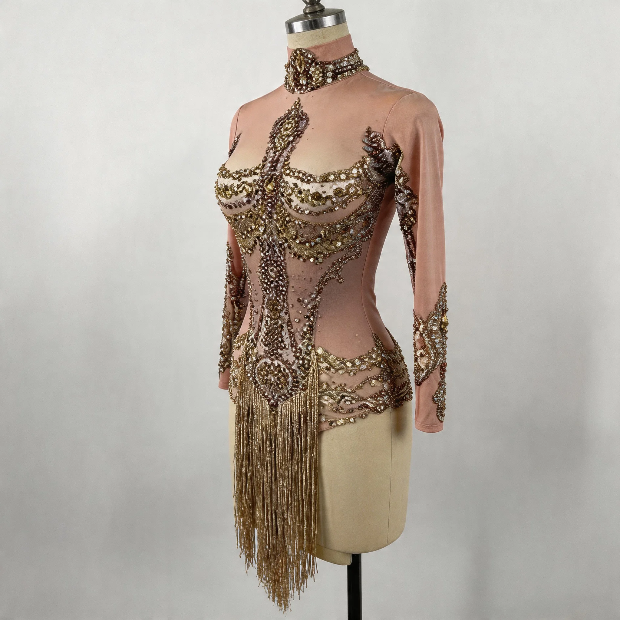 

Золотой боди с кристаллами и бахромой, женский эластичный костюм с бахромой для клуба, выпускного, сцены, певиц, танцев