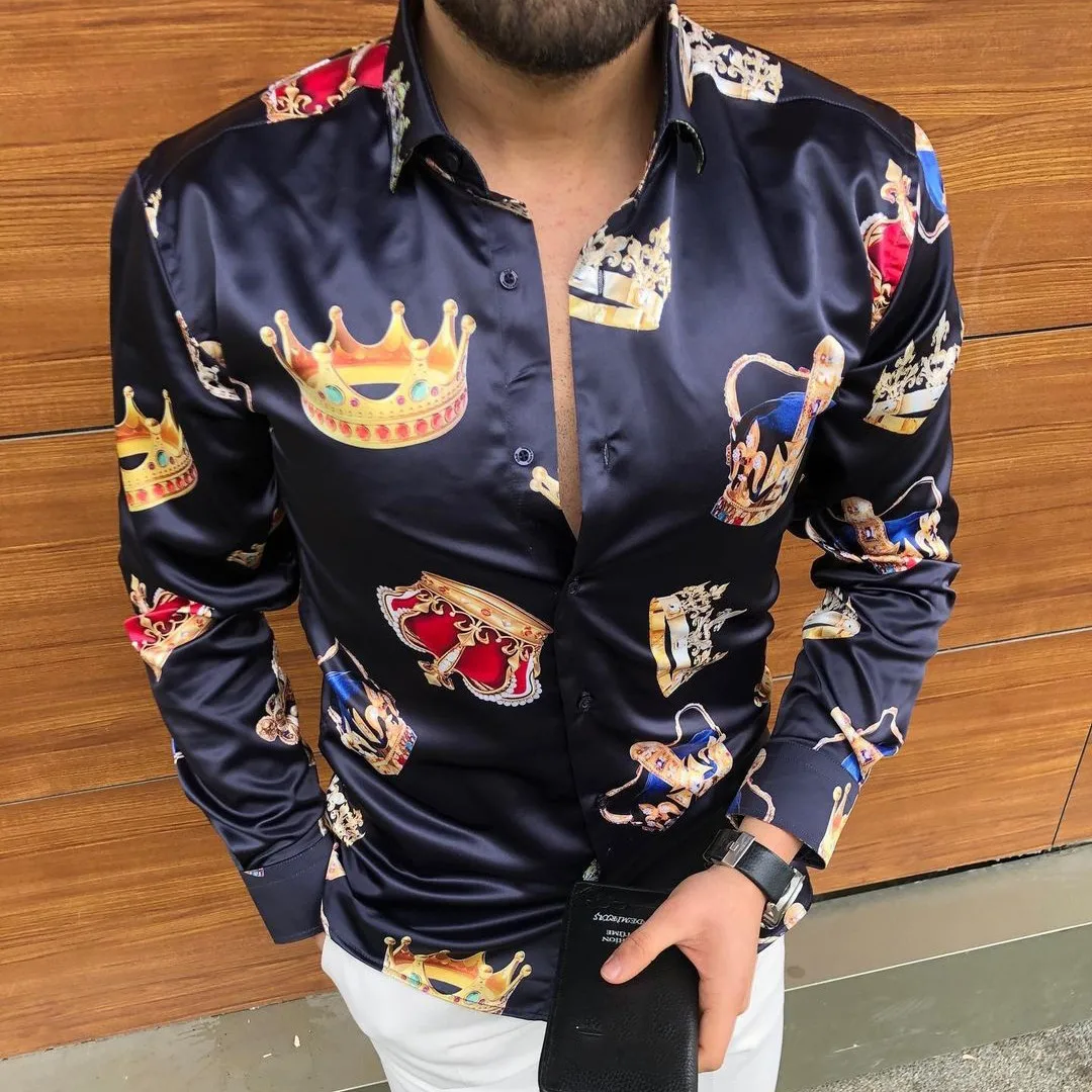 

Fashion Trendy Hawaii Men Casual Shirt Luxury Golden Crown Shirts Summer Long Sleeve Beach Blouse Classics Men Clothing