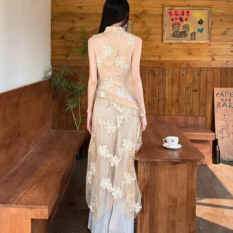 New Chinese Style Slit Irregular Cheongsam Dress Loose Pleated Wide-Leg Pants Long Pants Mesh Flower Embroidery Elegant Tops