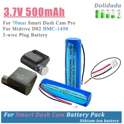 New 3.7V 500mAh Li-ion Battery For 70mai Smart Dash Cam Pro Midrive D02 HMC-1450 Replacement Batterie 3 wire Plug 14x50mm tools