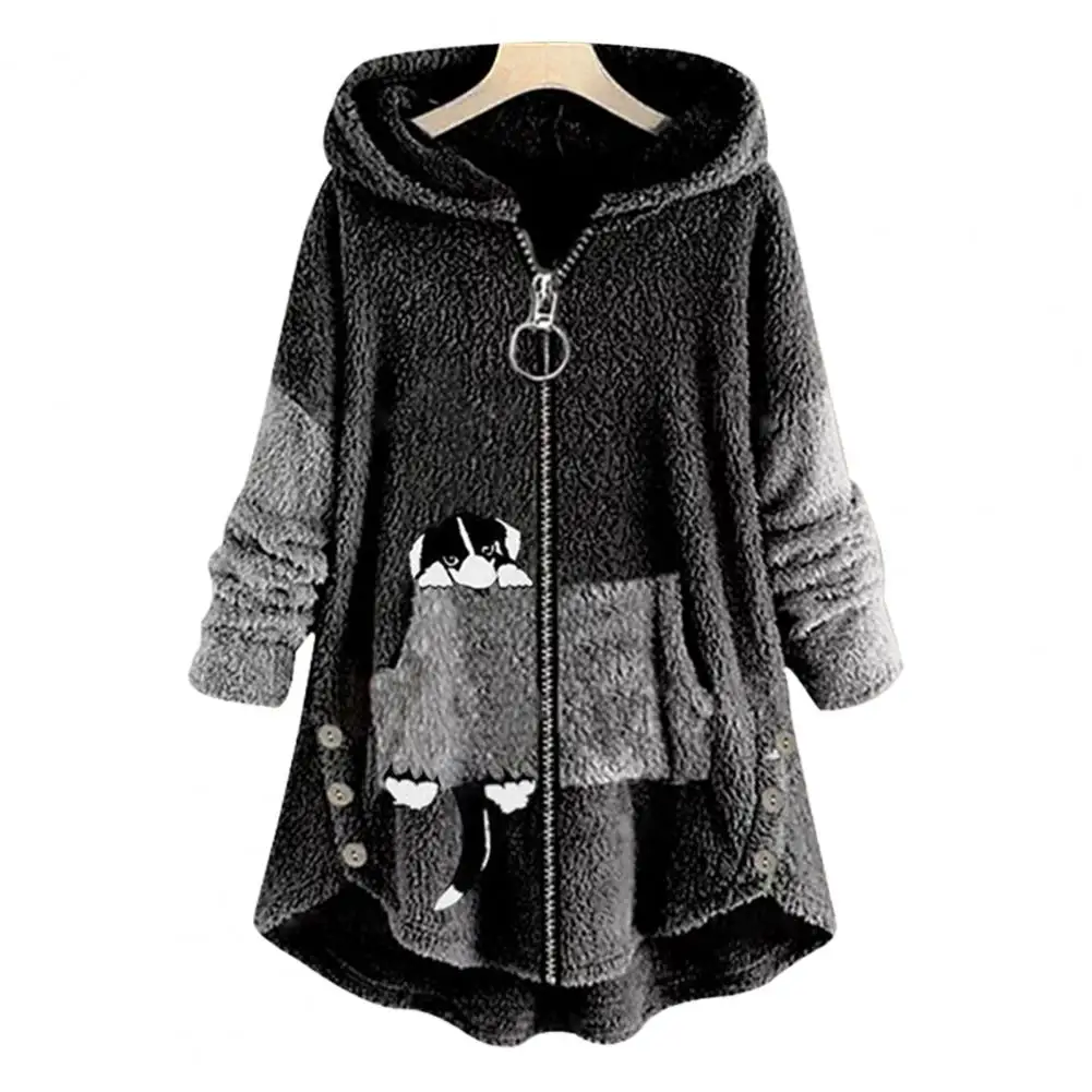 Hooded Long Sleeve Zipper Placket Cartoon Dog Pattern Pockets Women Coat Winter Double Sides Fleece Mid-Length Sweatshirt Coat