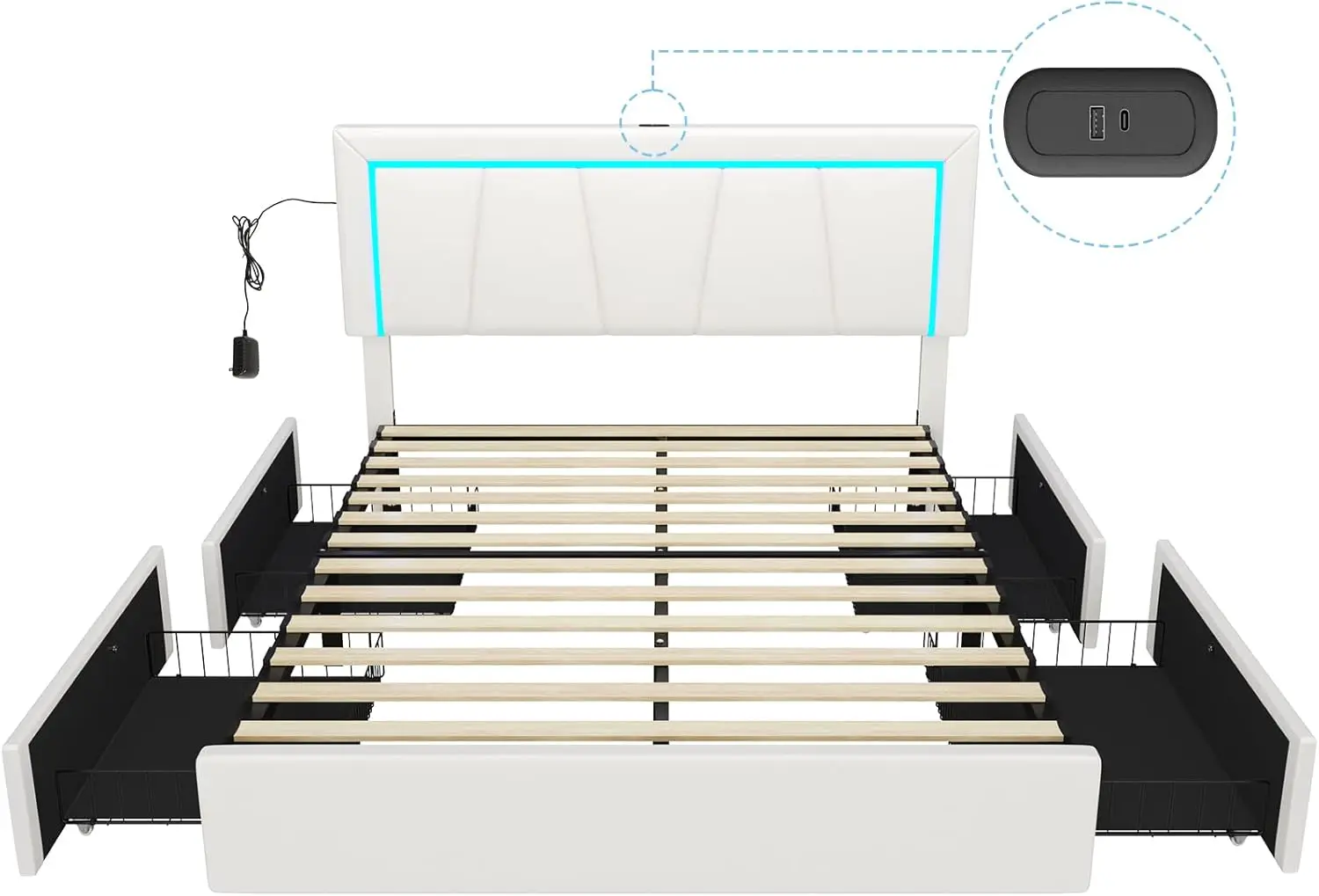 Cadre de lit plateforme avec lumières LED RVB, planche de sauna, cadre de lit de rangement en similicuir, lattes de bois blanches, pas besoin de ressort de boîte