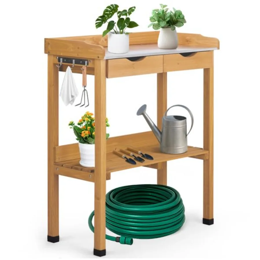 

Outdoor garden potting bench table with metal tabletop and wood frame in gray-green finish: durable weather-resistant with draw